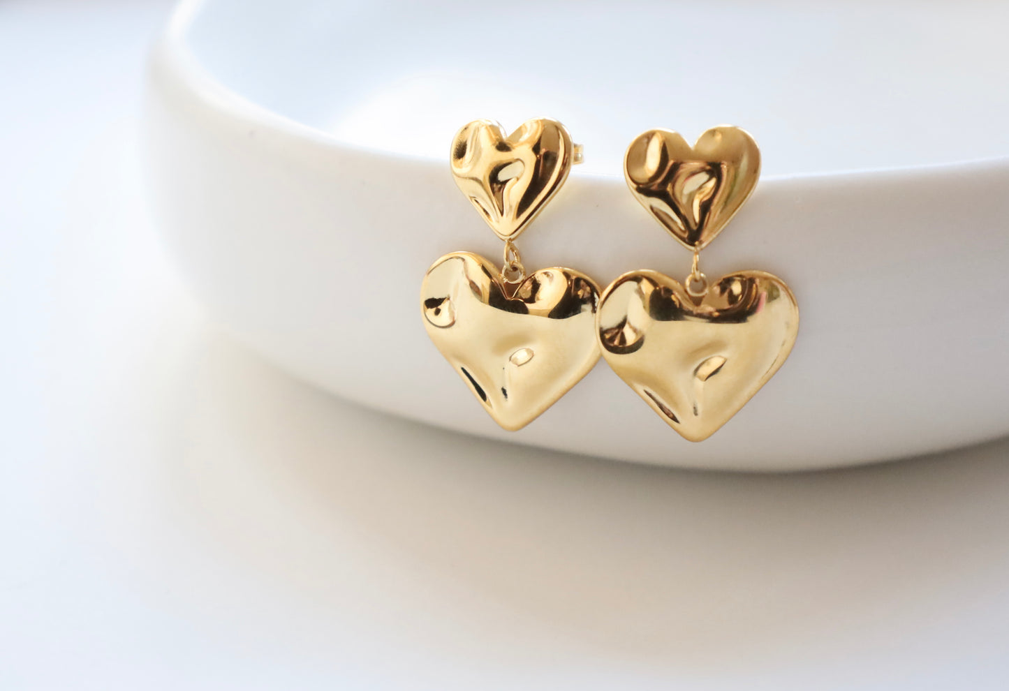 Molten Gold Double Heart Drop Earrings