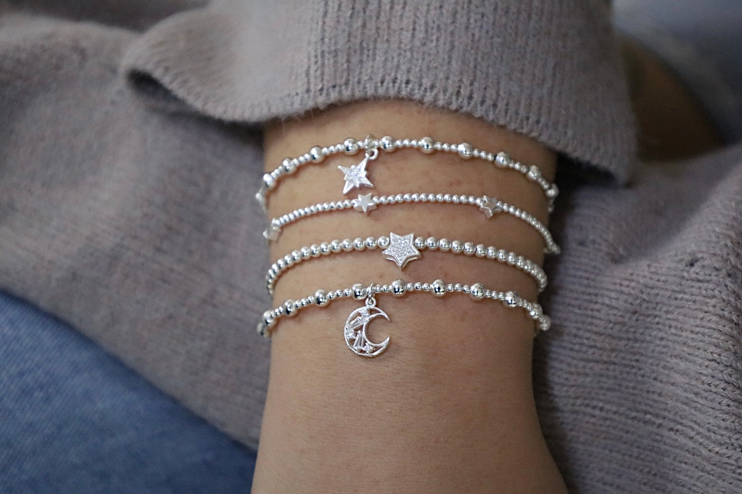 Crystal Cresent Moon Charm Bracelet | 925 Sterling Silver