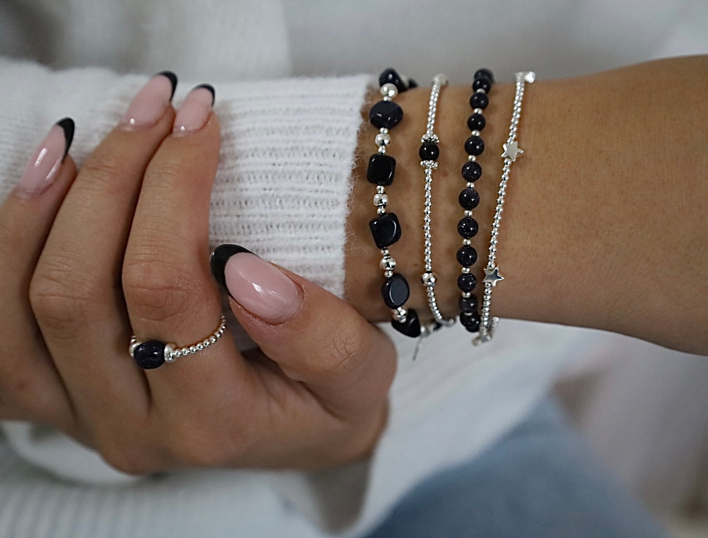 Cosmic Blue Goldstone Bracelet stack | 925 Sterling Silverr