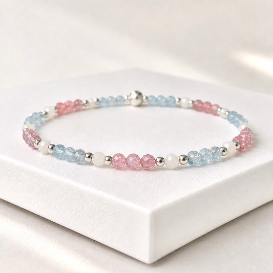 Aquamarine, Moonstone and Strawberry Quartz Mixed Gemstone Bracelet