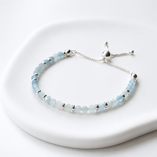 Dainty Aquamarine Adjustable Bracelet | 925 Sterling Silver | March Birthstone