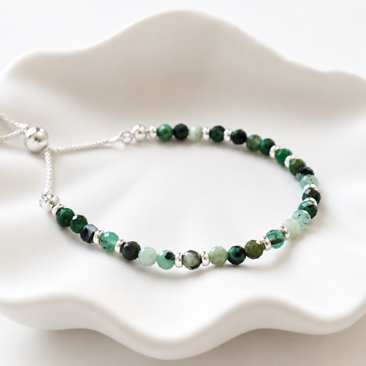 Dainty Emerald Adjustable Bracelet | 925 Sterling Silver | May Birthstone