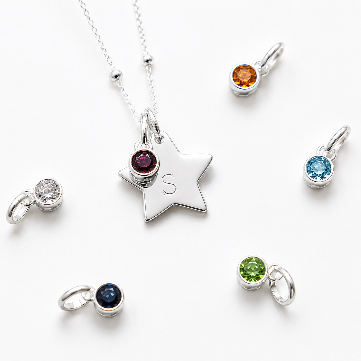 Personalised Star Pendant with birthstone charm- 925 Sterling Silver