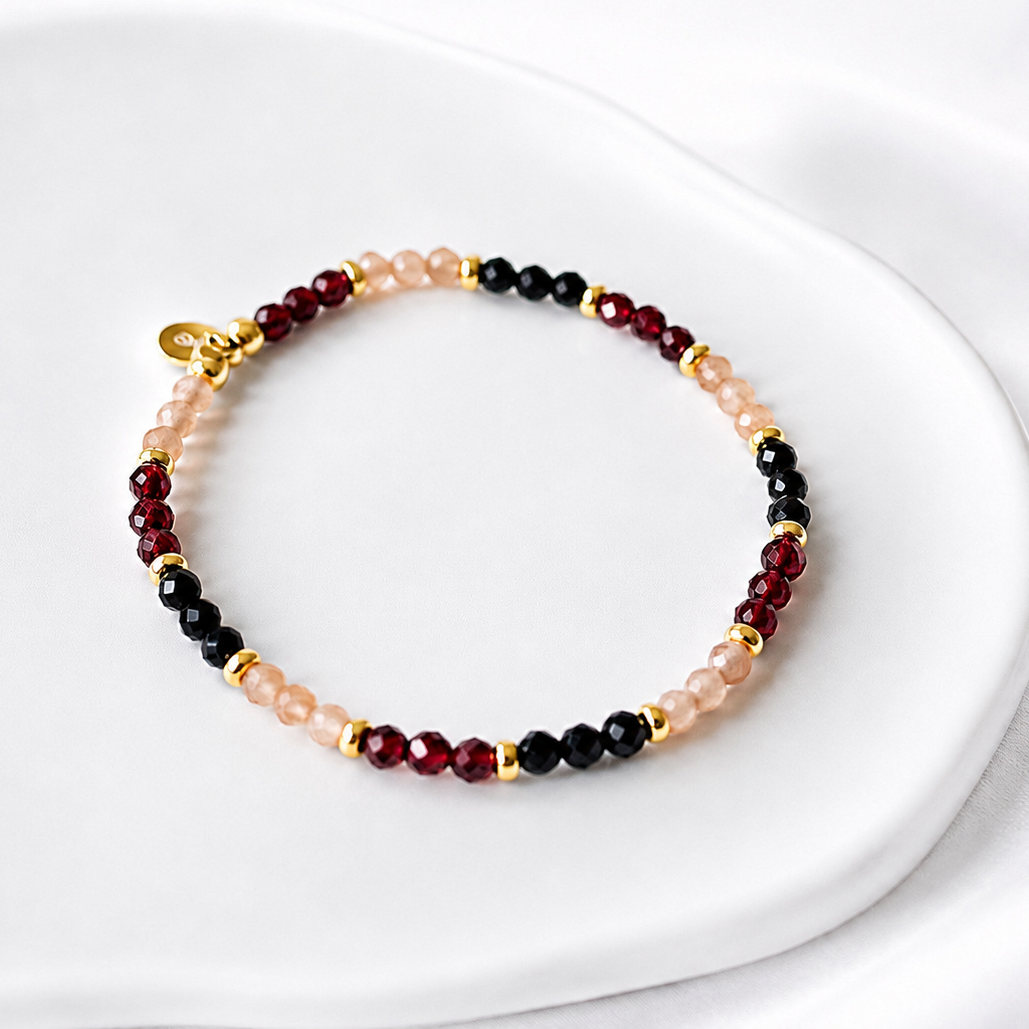 Garnet, Black Spinel and Sunstone Mixed Gemstone Bracelet