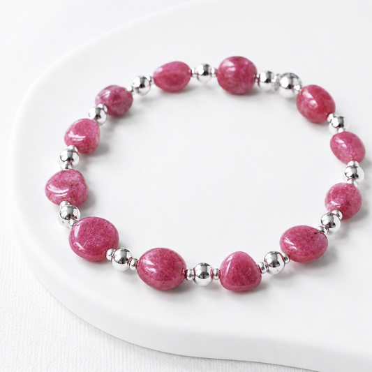 Pink Tourmaline Pebble Gemstone Bracelet | 925 Sterling Silver