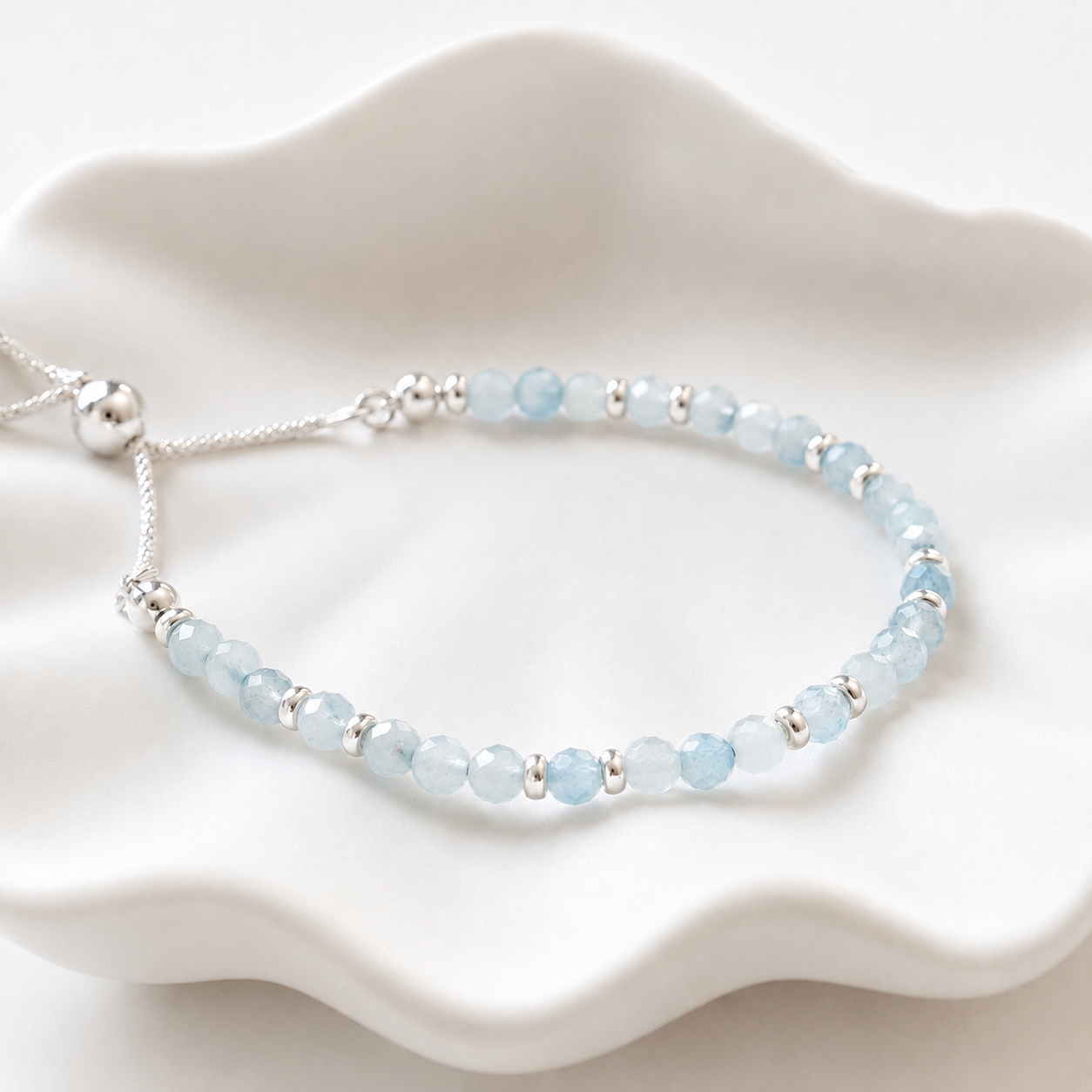 Dainty Aquamarine Adjustable Bracelet | 925 Sterling Silver | March Birthstone