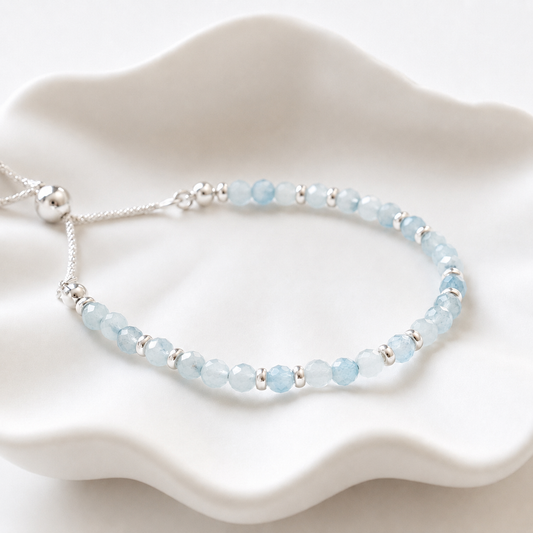 Dainty Aquamarine Adjustable Bracelet | 925 Sterling Silver | March Birthstone