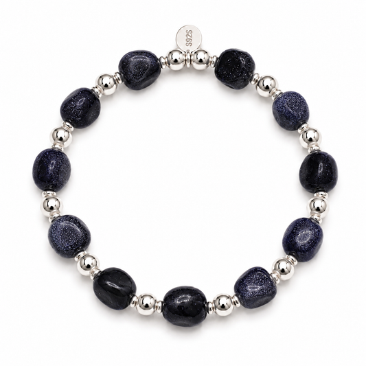 Blue Goldstone Nugget Gemstone Bracelet | 925 Sterling Silver