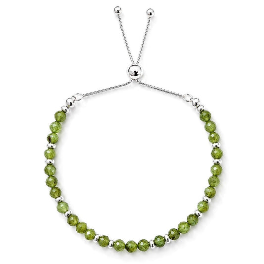 Adjustable August birthstone bracelet with natural faceted peridot gemstones and sterling silver beads.