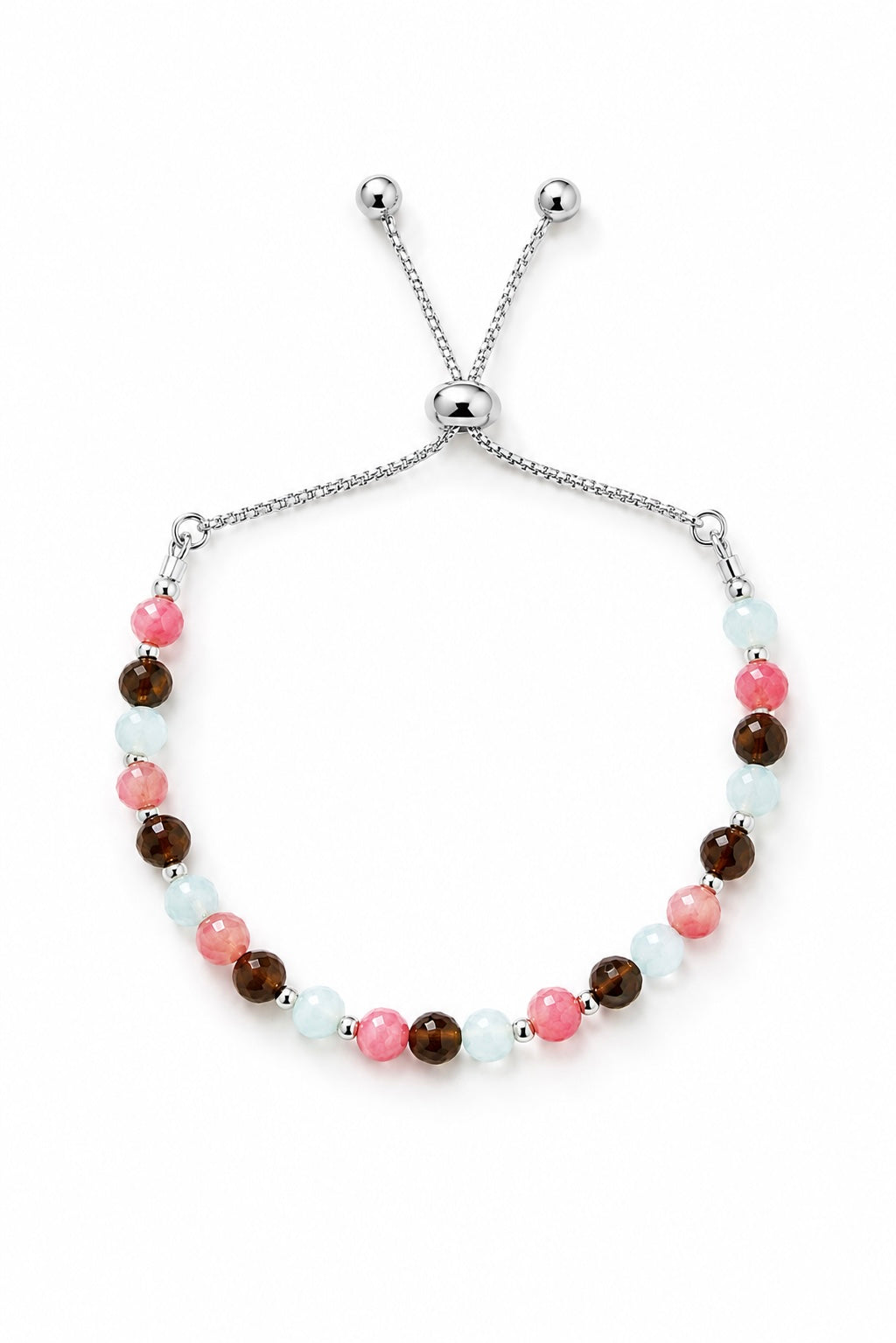 925 Sterling Silver adjustable slider bracelet featuring genuine Aquamarine, Pink Coral and Brown Agate gemstones on a clean white background